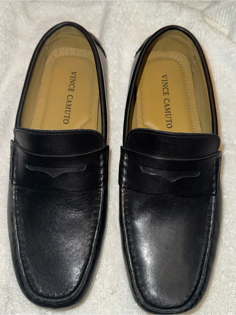 Vince Camuto Black Leather Penny Loafers with Tan Insole